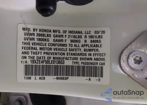 2020 Honda Insight Ex из США, поврежденный, VIN 19XZE4F50LE013653